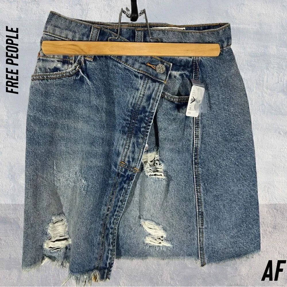 NEW Free People Denim Jean Skirt Wrap CrissCross Button Fly Distressed Size 25